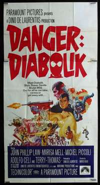 p277 DANGER DIABOLIK three-sheet movie poster '68 Mario Bava, John P Law