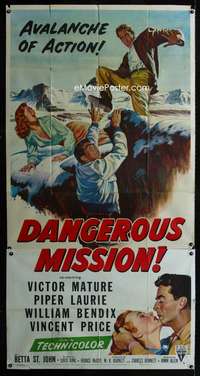 p278 DANGEROUS MISSION three-sheet movie poster '54 Victor Mature, Laurie