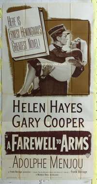 p308 FAREWELL TO ARMS three-sheet movie poster R49 Hayes, Gary Cooper