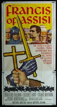 p319 FRANCIS OF ASSISI three-sheet movie poster '61 Michael Curtiz, Crusades!