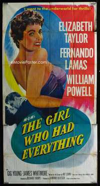 p330 GIRL WHO HAD EVERYTHING three-sheet movie poster '53 Elizabeth Taylor