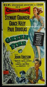 p346 GREEN FIRE three-sheet movie poster '54 Grace Kelly, Stewart Granger