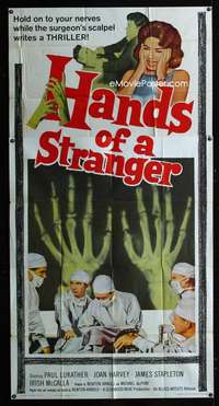 p351 HANDS OF A STRANGER three-sheet movie poster '62 cool hand transplant!