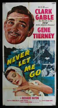 p445 NEVER LET ME GO three-sheet movie poster '53 Clark Gable, Gene Tierney