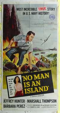p452 NO MAN IS AN ISLAND three-sheet movie poster '62 Jeffrey Hunter