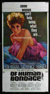 p457 OF HUMAN BONDAGE three-sheet movie poster '64 Kim Novak, Harvey