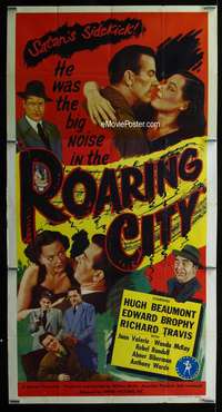 p491 ROARING CITY three-sheet movie poster '51 Hugh Beaumont, film noir!