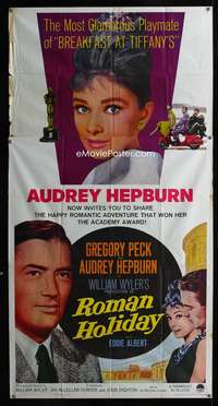 p493 ROMAN HOLIDAY three-sheet movie poster R62 Audrey Hepburn, Greg Peck