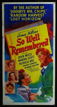 p528 SO WELL REMEMBERED three-sheet movie poster '47 John Mills, James Hilton