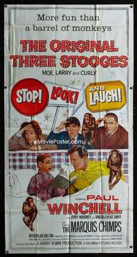 p539 STOP LOOK & LAUGH three-sheet movie poster '60 Three Stooges, Curly!