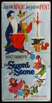 p545 SWORD IN THE STONE three-sheet movie poster '64 Disney, King Arthur!