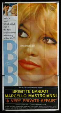 p585 VERY PRIVATE AFFAIR three-sheet movie poster '62 sexy Brigitte Bardot!