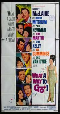 p596 WHAT A WAY TO GO three-sheet movie poster '64 Shirley MacLaine, Newman