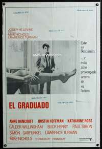 p696 GRADUATE Argentinean movie poster '68 classic image of Dustin Hoffman & Anne Bancroft's sexy leg!