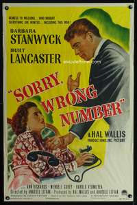 w758 SORRY WRONG NUMBER one-sheet movie poster '48 Lancaster, Stanwyck