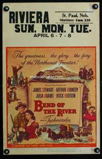 z107 BEND OF THE RIVER window card movie poster '52 Jimmy Stewart, Anthony Mann
