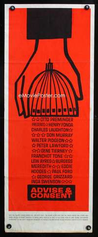 b026 ADVISE & CONSENT insert movie poster '62 classic Saul Bass art!