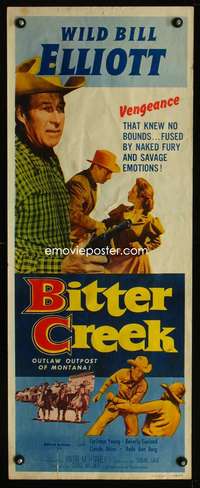 b088 BITTER CREEK insert movie poster '54 Wild Bill Elliot western!