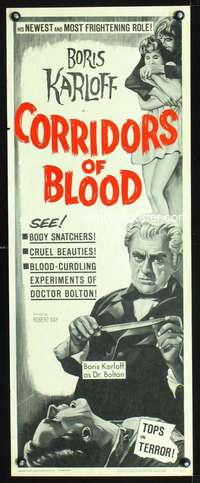 b176 CORRIDORS OF BLOOD insert movie poster '63 Karloff, Chris Lee