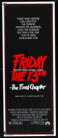 b277 FRIDAY THE 13th 4 insert movie poster '84 Cory Feldman, horror!
