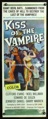 b388 KISS OF THE VAMPIRE insert movie poster '63 Hammer devil bats!