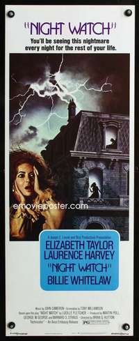 b490 NIGHT WATCH ('73) insert movie poster '73 Elizabeth Taylor, horror!