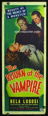 b570 RETURN OF THE VAMPIRE insert movie poster '44 Lugosi, werewolf!