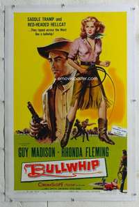 d133 BULLWHIP linen one-sheet movie poster '58 Guy Madison, Rhonda Fleming