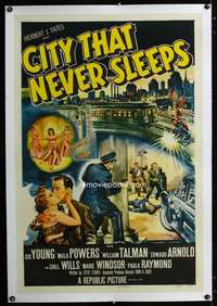 d147 CITY THAT NEVER SLEEPS linen one-sheet movie poster '53 Chicago!