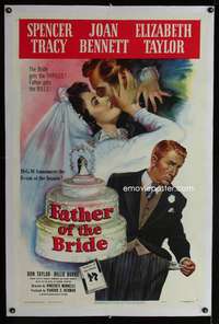 d188 FATHER OF THE BRIDE linen one-sheet movie poster '50 Liz Taylor, Tracy