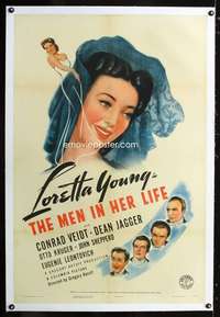 d324 MEN IN HER LIFE linen one-sheet movie poster '41 pretty Loretta Young!