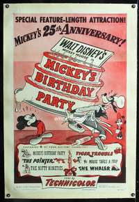 d327 MICKEY'S BIRTHDAY PARTY linen one-sheet movie poster '53 Walt Disney