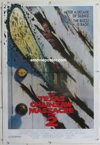 d440 TEXAS CHAINSAW MASSACRE PART 2 door style linen 1sh '86 Tobe Hooper horror sequel, Huston art!