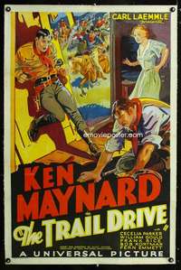 d453 TRAIL DRIVE linen one-sheet movie poster '33 Ken Maynard stone litho!
