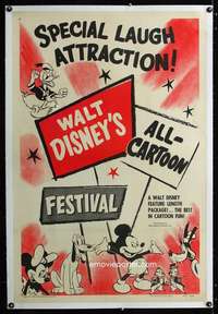 d478 WALT DISNEY'S ALL-CARTOON FESTIVAL linen one-sheet movie poster '53
