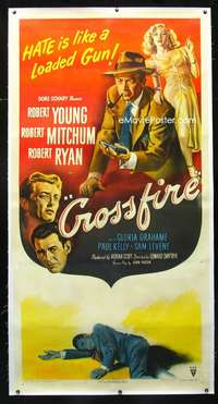 e029 CROSSFIRE linen three-sheet movie poster '47 Robert Young,Mitchum,Ryan