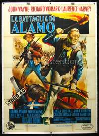 e055 ALAMO linen Italian two-panel movie poster '60 Wayne, Olavetti art!