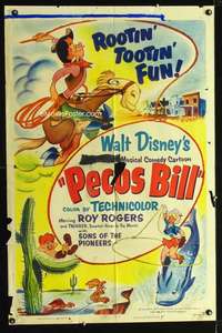 n446 PECOS BILL one-sheet movie poster '54 Roy Rogers, Disney cartoon!