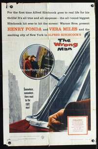 n630 WRONG MAN one-sheet movie poster '57 Henry Fonda, Miles, Hitchcock