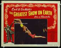 s030 GREATEST SHOW ON EARTH movie lobby card #3 '52 c/u on trapeze!