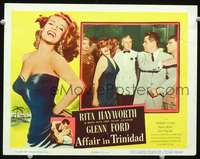 v186 AFFAIR IN TRINIDAD movie lobby card '52 Ford slaps Rita Hayworth!