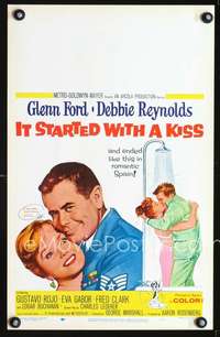 y114 IT STARTED WITH A KISS movie window card '59 Glenn Ford, Reynolds