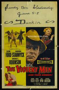 y252 VIOLENT MEN movie window card '54 Glenn Ford, Barbara Stanwyck