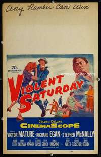 y253 VIOLENT SATURDAY movie window card '55 Victor Mature, Fleischer