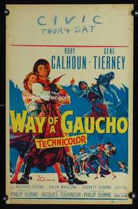 y258 WAY OF A GAUCHO movie window card '52 Gene Tierney, Rory Calhoun