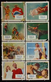 b373 UNDER THE CARIBBEAN 8 English Front of House movie lobby cards '54scuba diving