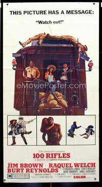 c004 100 RIFLES three-sheet movie poster '69 Brown, Raquel Welch, different!