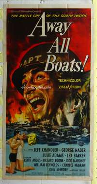 c021 AWAY ALL BOATS three-sheet movie poster '56 cool Reynold Brown war art!