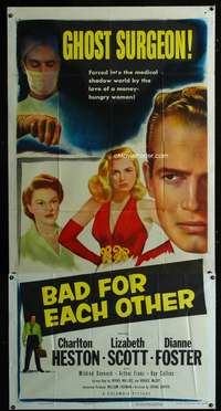 c025 BAD FOR EACH OTHER three-sheet movie poster '53 Charlton Heston, Scott