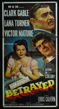 c036 BETRAYED three-sheet movie poster '54 Gable, Mature, Lana Turner